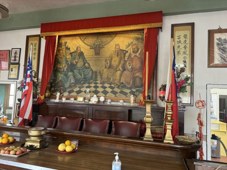 Art of the Four Families originators from Three. Left to right: Liu, Guan, Zhang, Zhao. United States flag on left and Republic of China flag on right