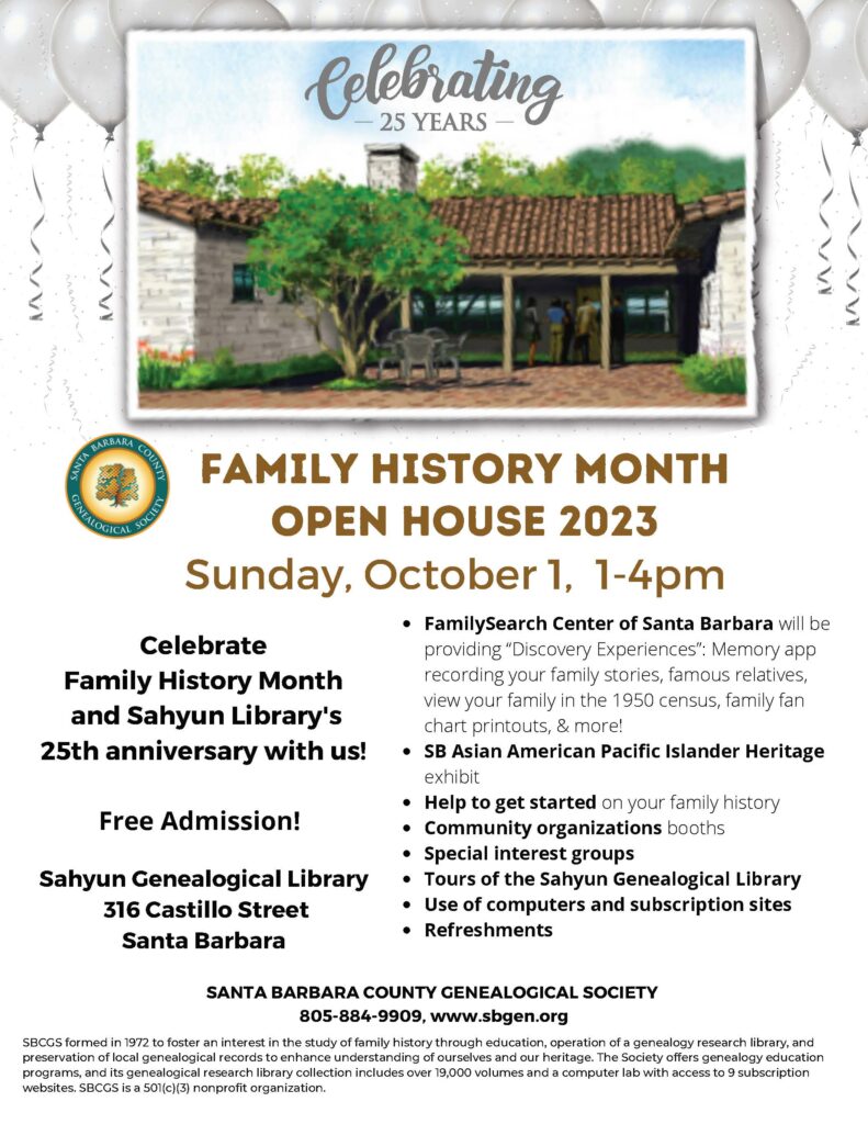 SBCGS Open House 2023 flyer, October 1, 1-4pm